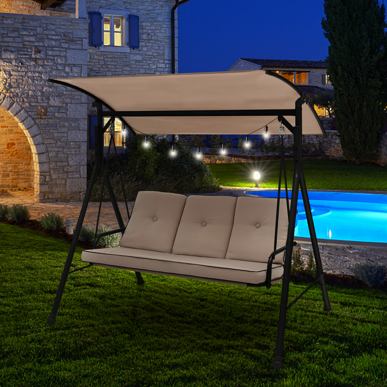 3-Person Heavy-Duty Metal Hammock Chair Porch Swing with Adjustable  Canopy Removable Cushion 750lb Capacity, Foldable Outdoor Swing Chair