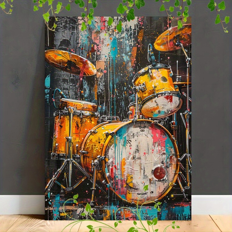 

1pc Wooden Framed Canvas Painting Suitable For Office Corridor Home Living Room Decoration Graffiti Drum Set, Colorful Splashes, Dark Background, Vibrant Street Art, Musical Instruments (1)