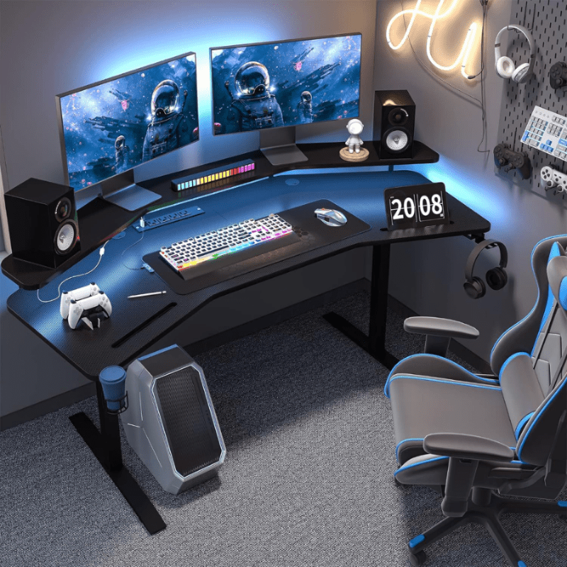

Gaming Desk With Led Lights & Power Outlets, 63" Wing-shaped Computer Desk, With Monitor Stand, Rgb Mouse Pad, Headphone Hook, Cup Holder, Black