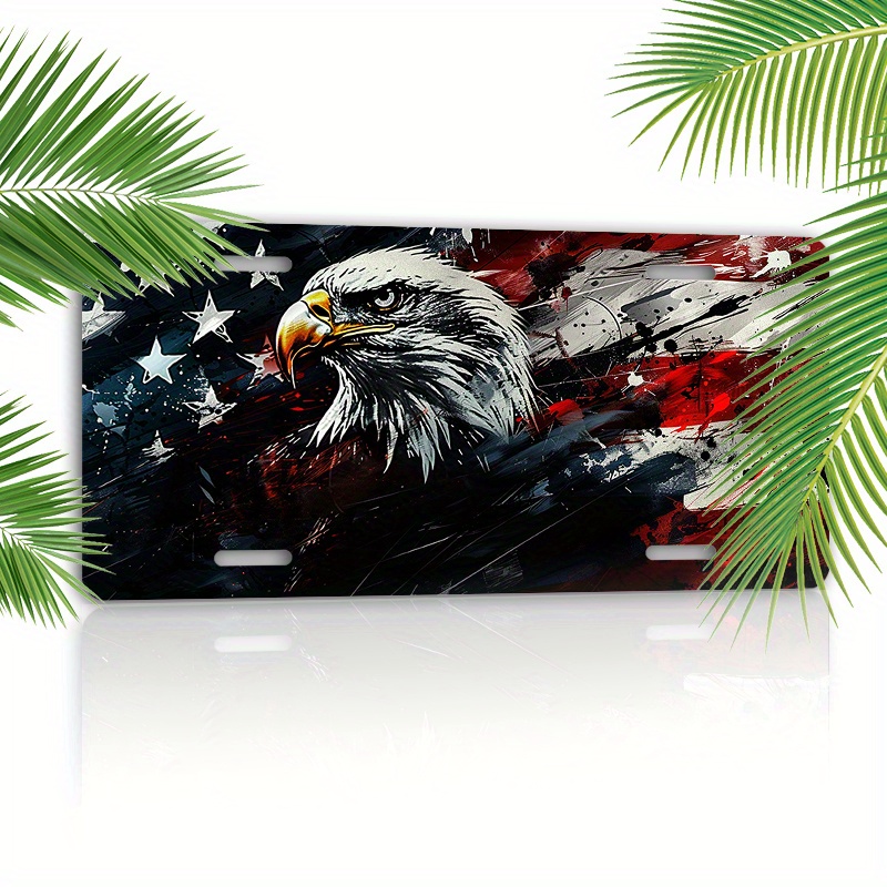 

Waterproof Aluminum Car License Plate – 6x12 Inch American Flag Eagle Printed Front Cover For Vehicles