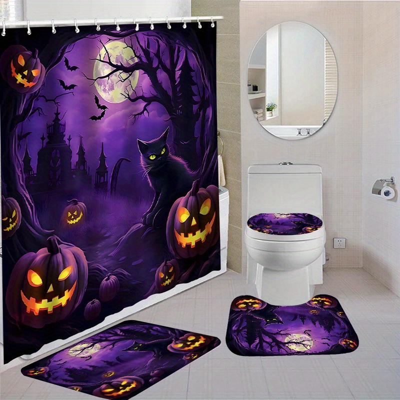 

Halloween Pumpkin Shower Curtain Set With Hooks, Non-slip Bath Mats, Toilet Cover - Water-resistant Woven Polyester Bathroom Decor With Black -o-lantern Design - Dry Clean Only Accessories