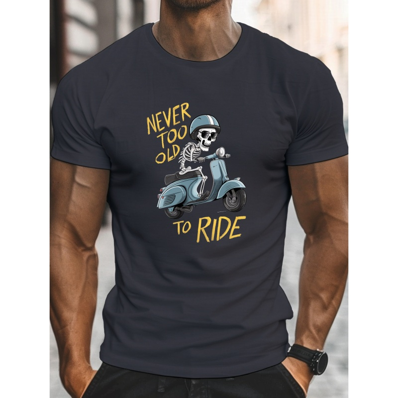 

Skeleton Scooter Print, Men's Round Crew Neck Short Sleeve Tee, Casual T-shirtcasual Comfy Lightweight Top For Summer