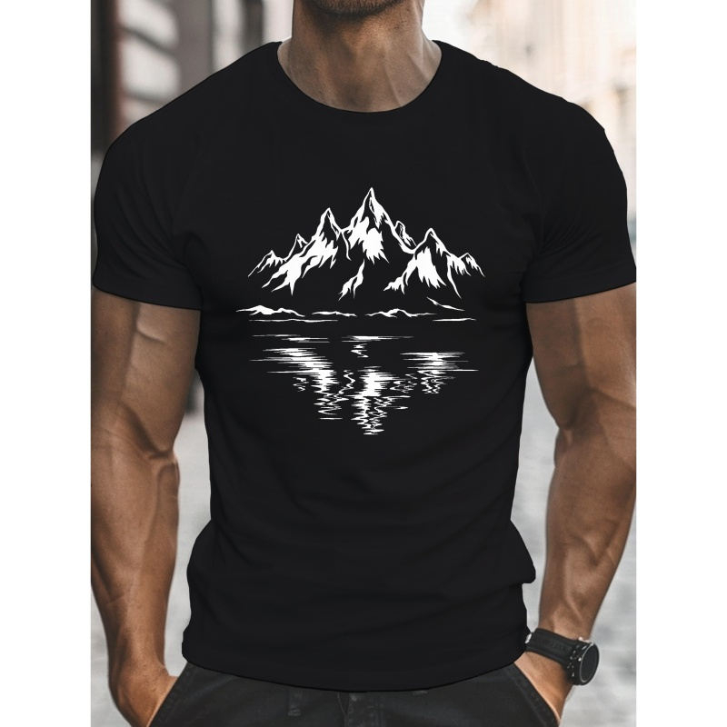 

Stylized Mountain Range Illustration Print, Men's Round Crew Neck Short Sleeve Tee, Casual T-shirt Comfy Lightweight Top For Summer