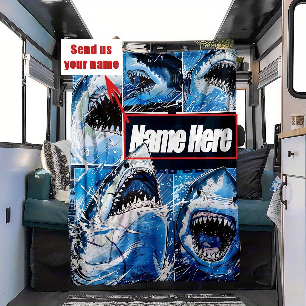 

Custom Name Shark Puzzle Soft Nap Blanket - All-season Rv Travel Throw, Polyester