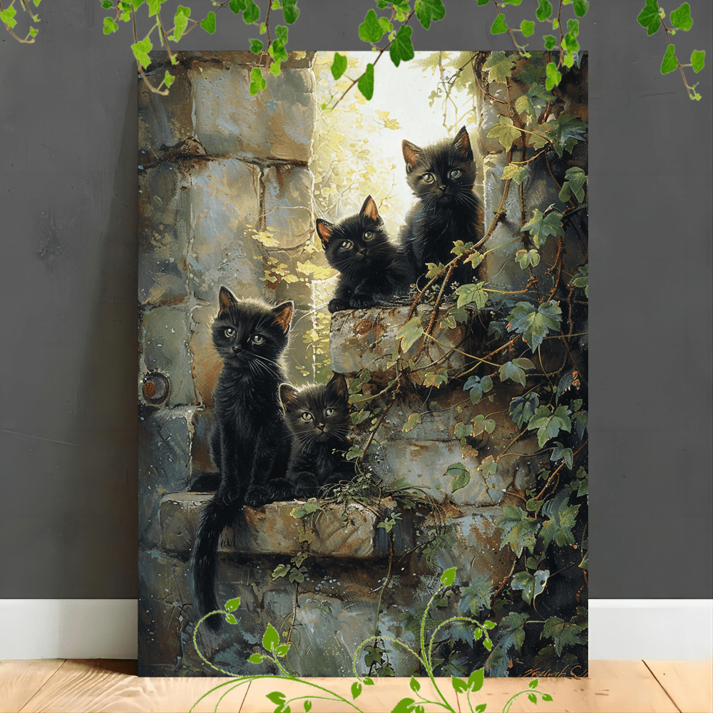 

1pc Wooden Canvas Painting Suitable For Office Room Decoration Black Cat And Kittens, Stone Wall, Greenery, Sunlight, Outdoor Scene, ,