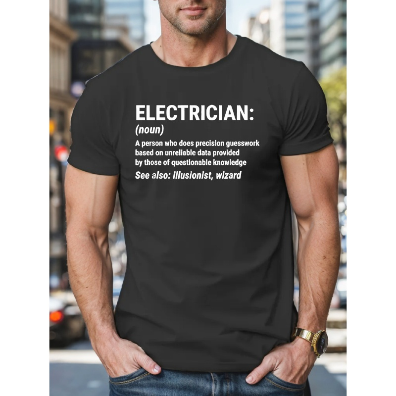 

Electrician Print Summer Men's Crew Neck T-shirt With Comfy Short Sleeves, Lightweight Casual Top For Daily Life & Outdoor Activities, Men's Clothing