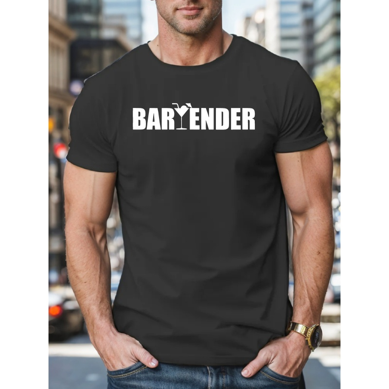 

Bartender Graphic Print Men's Crew Neck Short Sleeve T-shirt, Trendy Tees, Casual Comfortable Lightweight Top For Summer