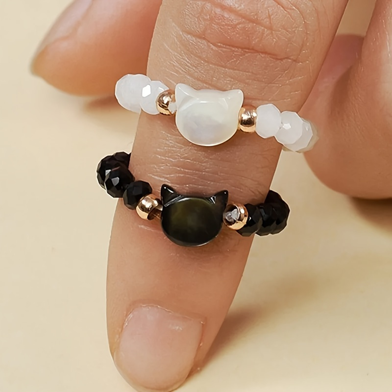 TEMU 2pcs Adorable Cat-themed Beaded Ring - Delicate Adjustable Jewelry For Girls, Perfect Minimalist Party Accessory, A Gift For Cat Lovers, For