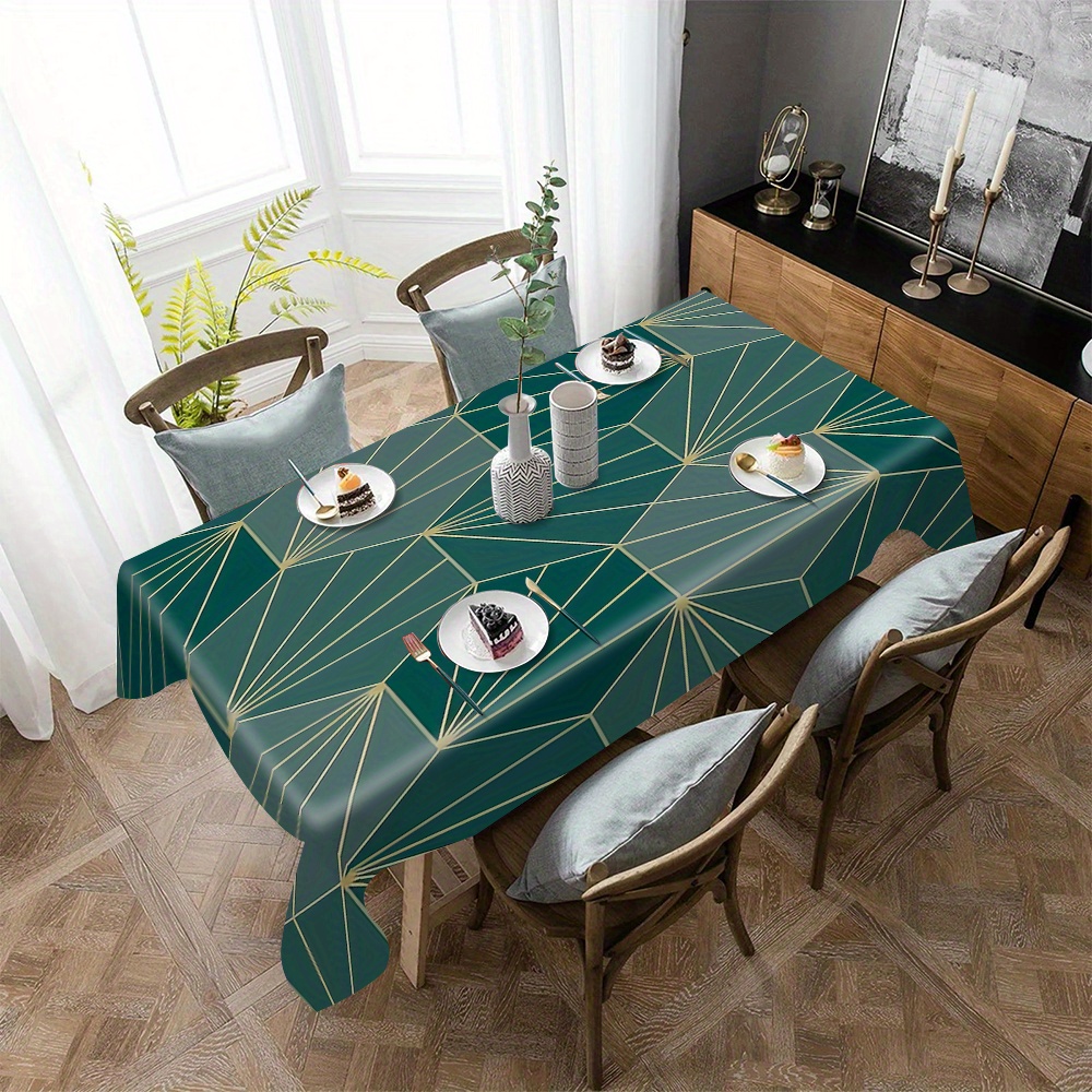 

1pc Modern Geometric Green Tablecloth - Waterproof & Oil-resistant, Perfect For Dining, Office Desk, And Home Use Dining Table Cover Waterproof Waterproof Tablecloths Rectangle Tables
