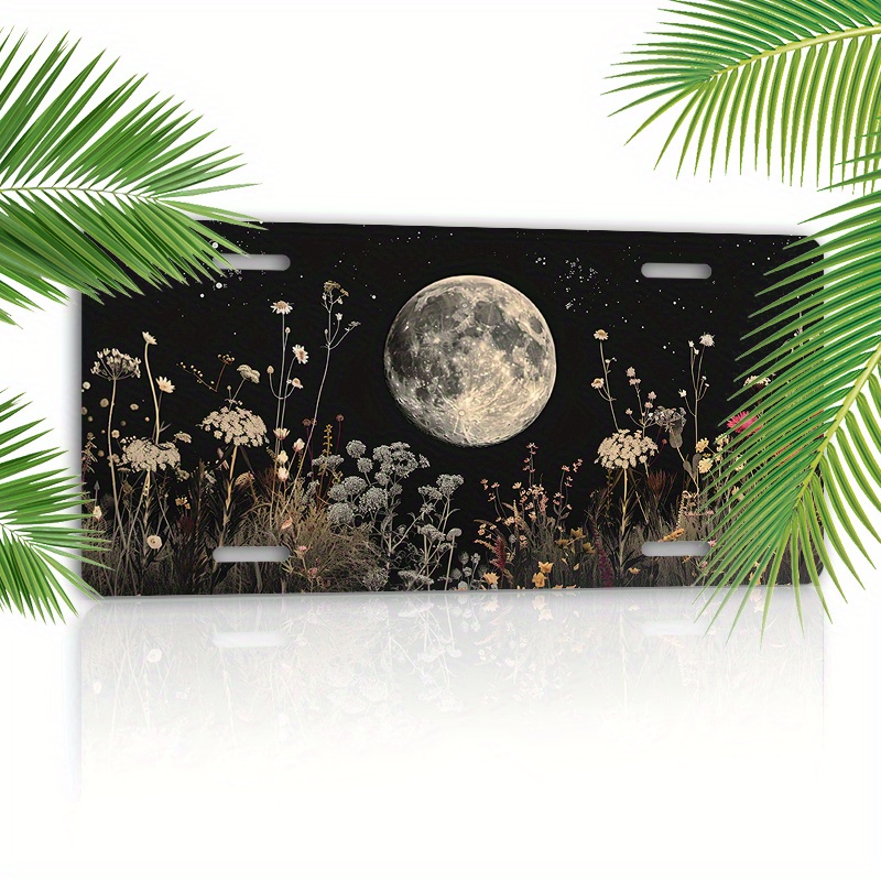 

Waterproof Aluminum License Plate - 1pc, 6x12 Inch, Printed Moon And Wildflowers Scene, Car Front Decoration Plate