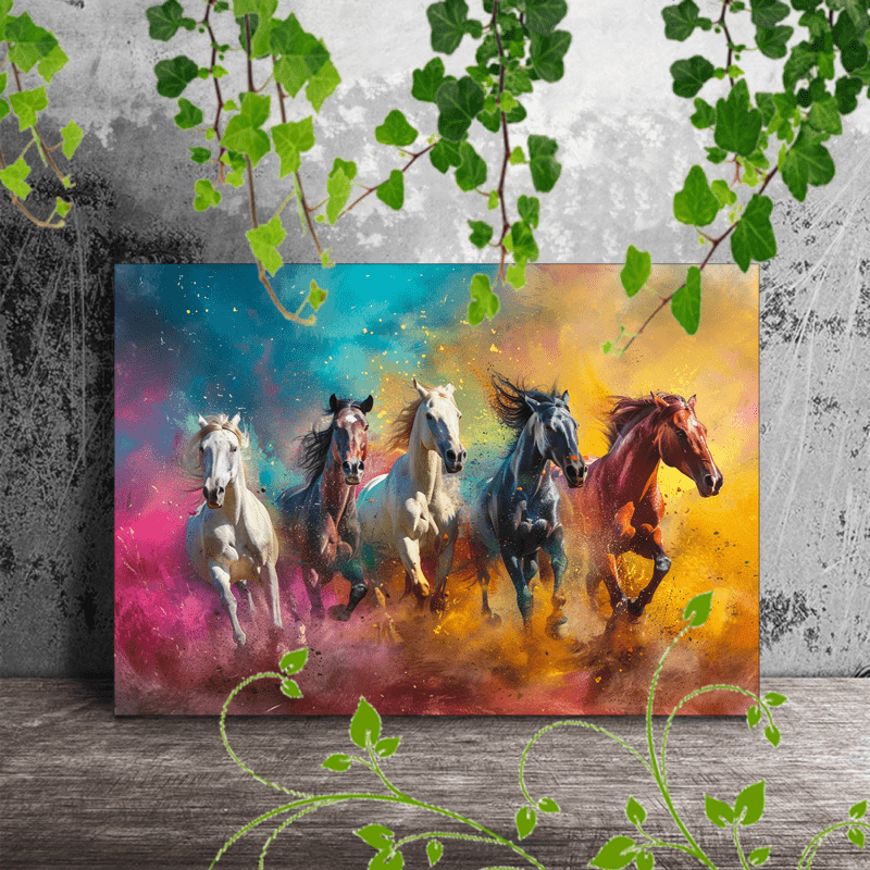 

1pc Wooden Framed Canvas Painting Suitable For Office Corridor Home Living Room Decoration Galloping Horses, Colorful Background, Dynamic Motion, Dust Cloud, Vibrant Colors, Various Horse Breeds (1)