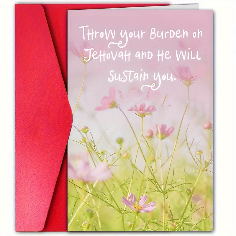 

1pc Inspirational Greeting Card With Envelope, 4.7x7.1 Inches, Floral Design, Motivational Quote "throw Your Burden On Jehovah And He Will " For Friends & Loved Ones, Uplifting Support & Comfort