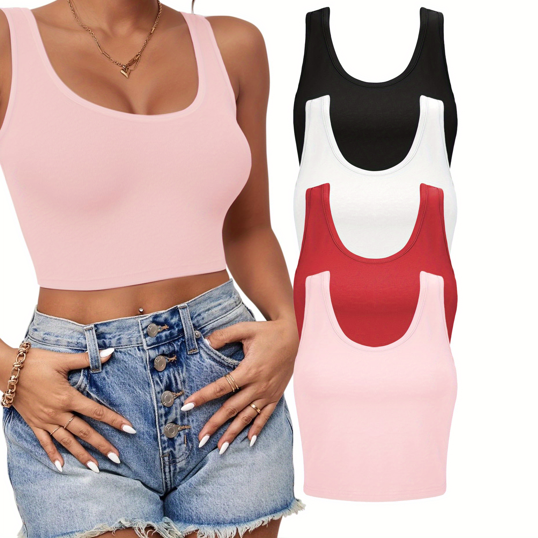

4 Packs Solid Crew Neck Tank Top, Y2k Sleeveless Slim Sports Tank Top For Summer, Women's Clothing