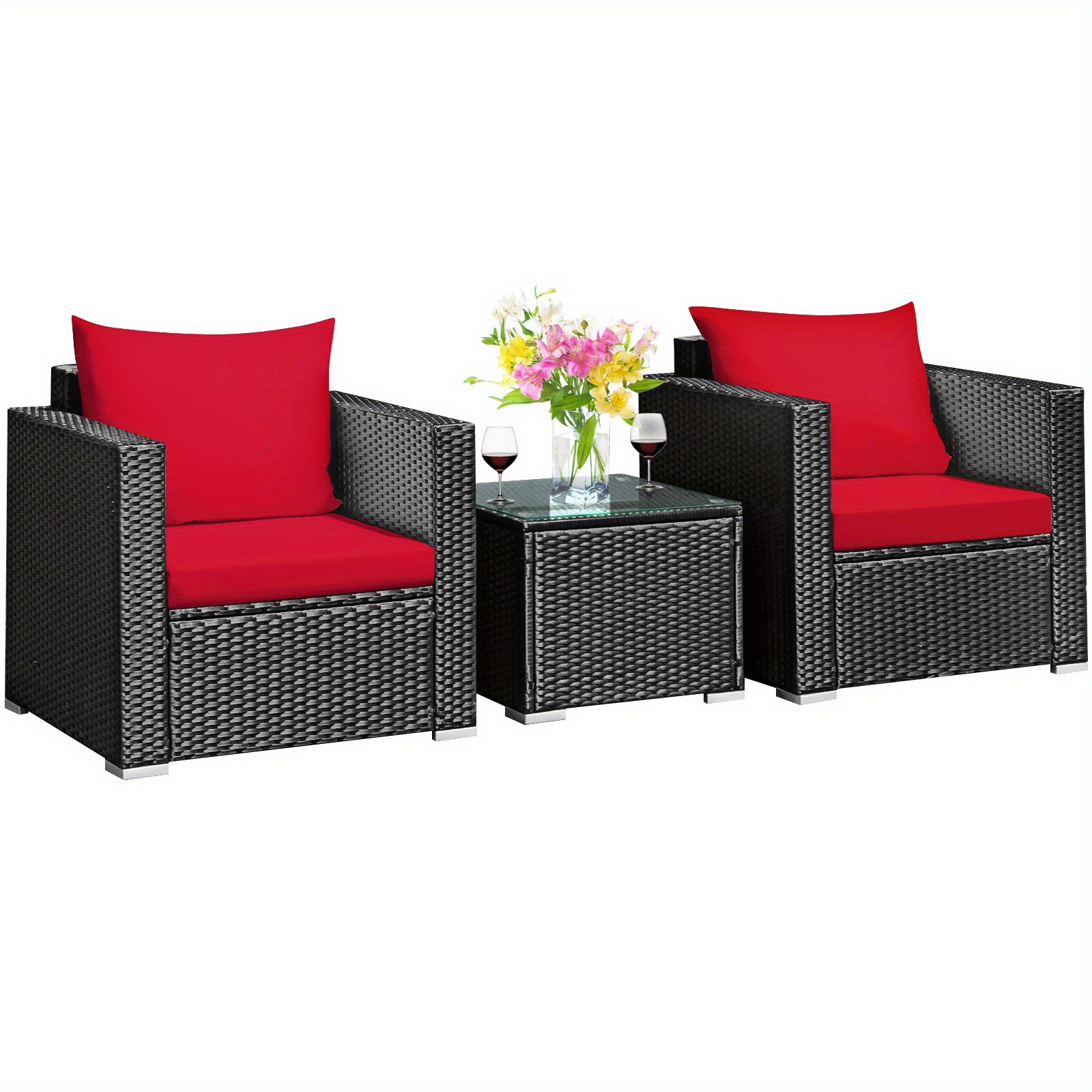 

Lifezeal 3pcs Patio Rattan Wicker Furniture Set Sofa Table W/cushion Yard Red