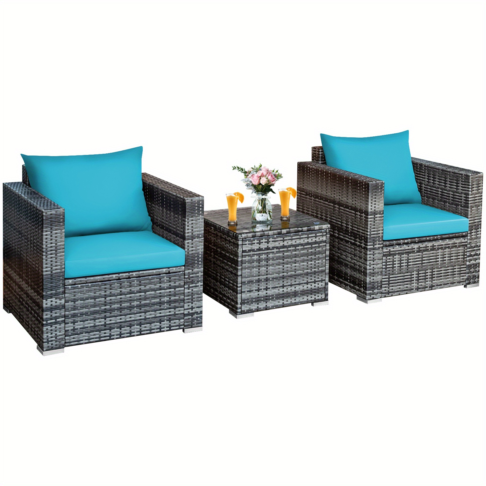 

Lifezeal 3 Pc Patio Rattan Furniture Bistro Set Cushioned Sofa Chair Turquoise