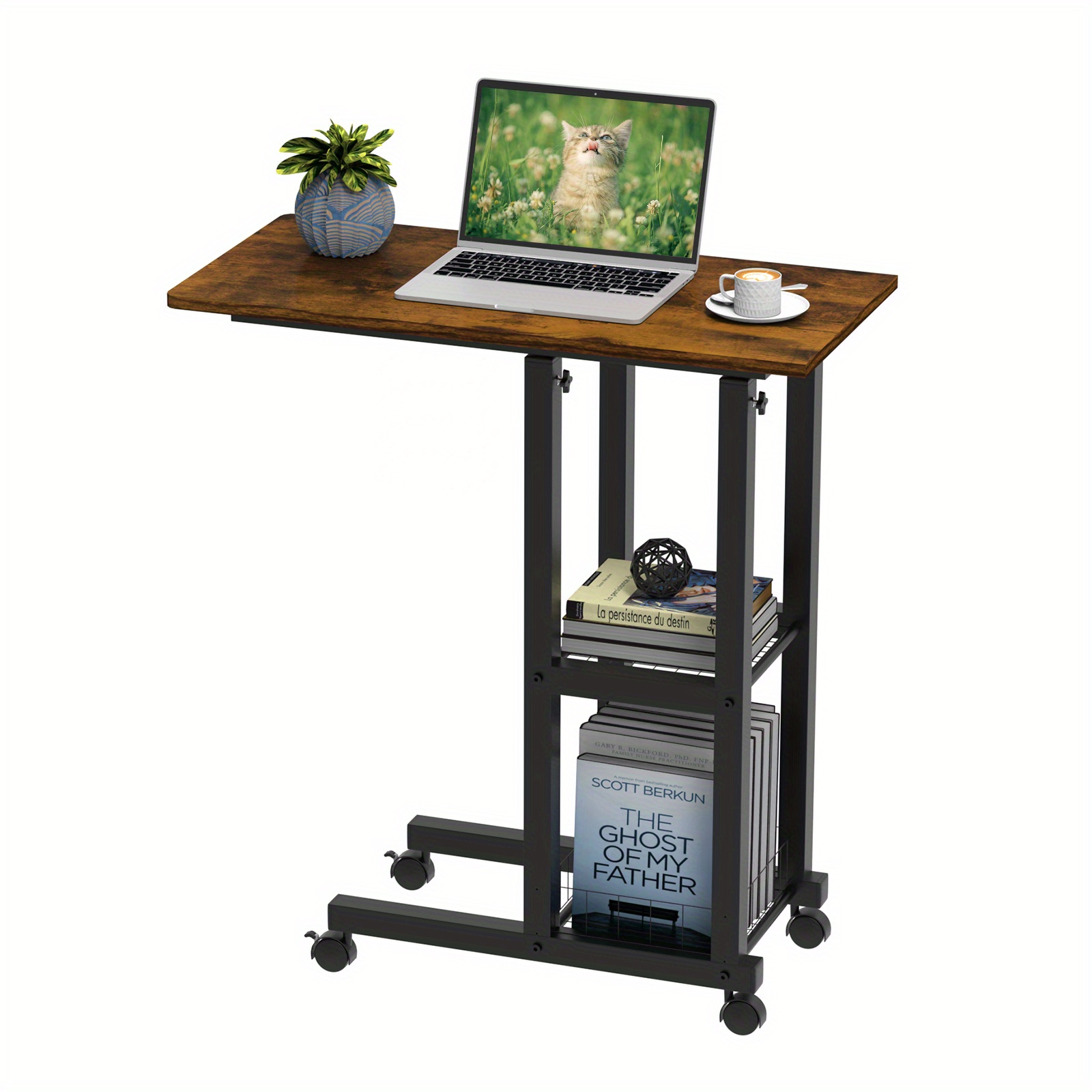 Side Table With Wheels, Laptop Table, Computer Table, Height-adjustable Wooden Desk With 60x30x65cm Table Top And 4 Rotating 360° Wheels For Computer, Laptop, Bedroom, Office, Black