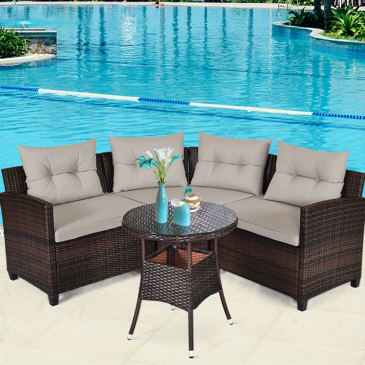 

Lifezeal 4pcs Outdoor Patio Rattan Furniture Set Cushioned Sofa Table Sectional