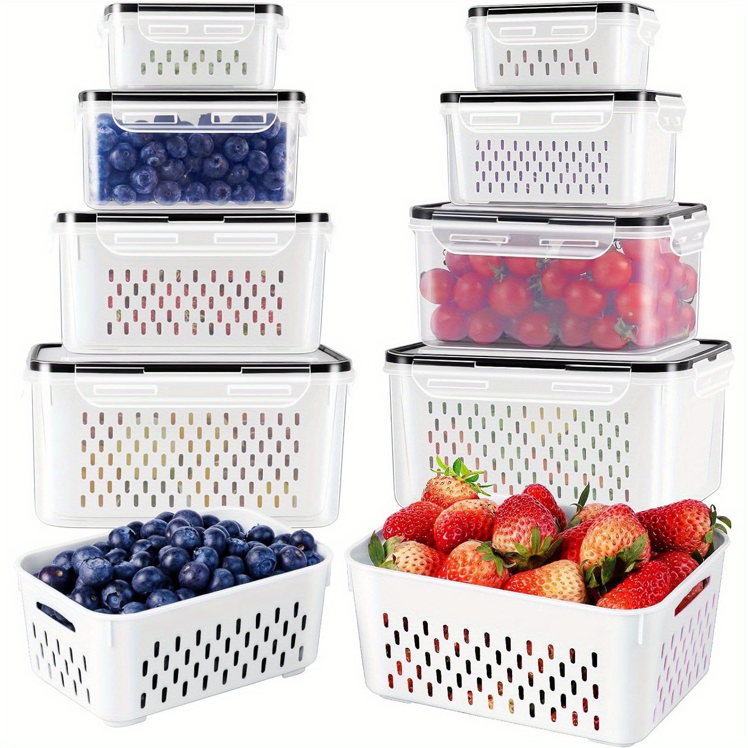 TEMU 8pcs Fruit Storage Containers For Fridge With Removable Colander, Airtight Food Storage Container, Dishwasher Safe Produce Saver Container For Refrigerator, Keep Berry Fruit Vegetable Fresh