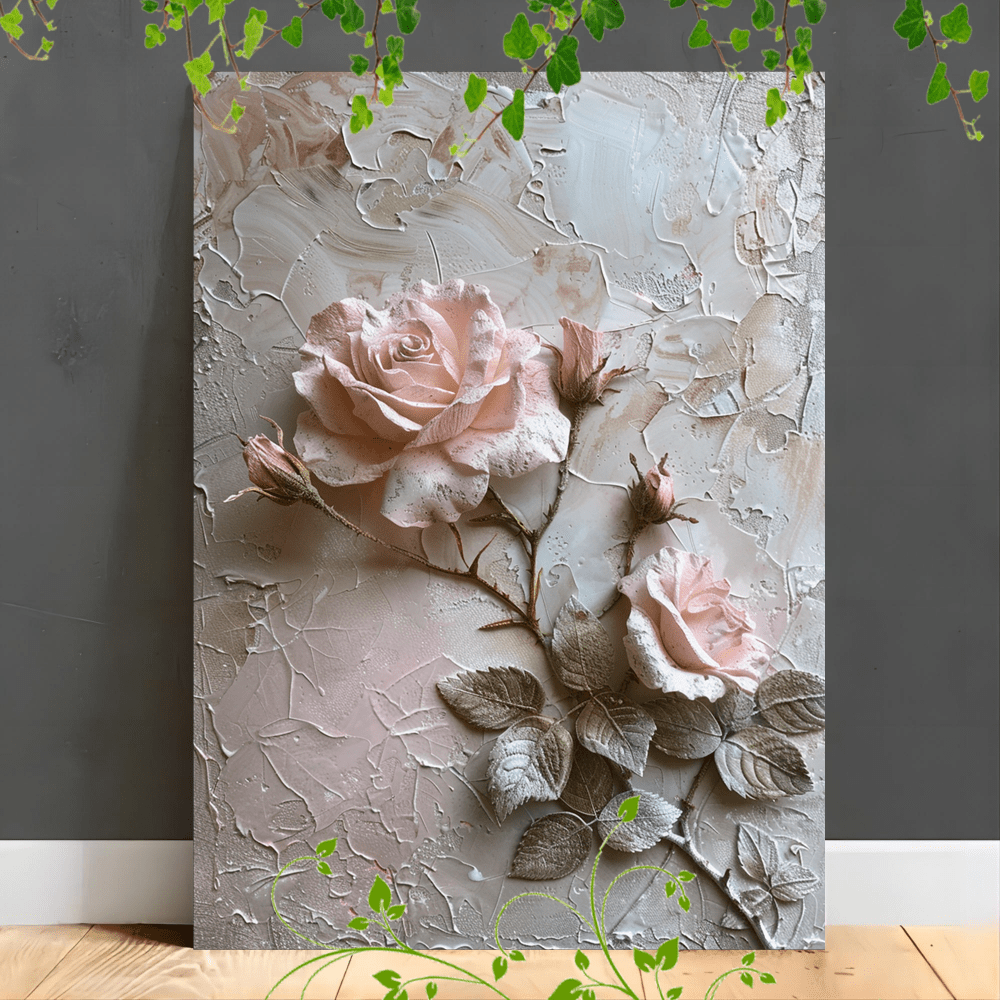 

1pc Wooden Framed Canvas Painting Suitable For Office Corridor Home Living Room Decoration Textured , Pastel Colors, Embossed Petals, Leaves, Soft Background, Botanical Art,