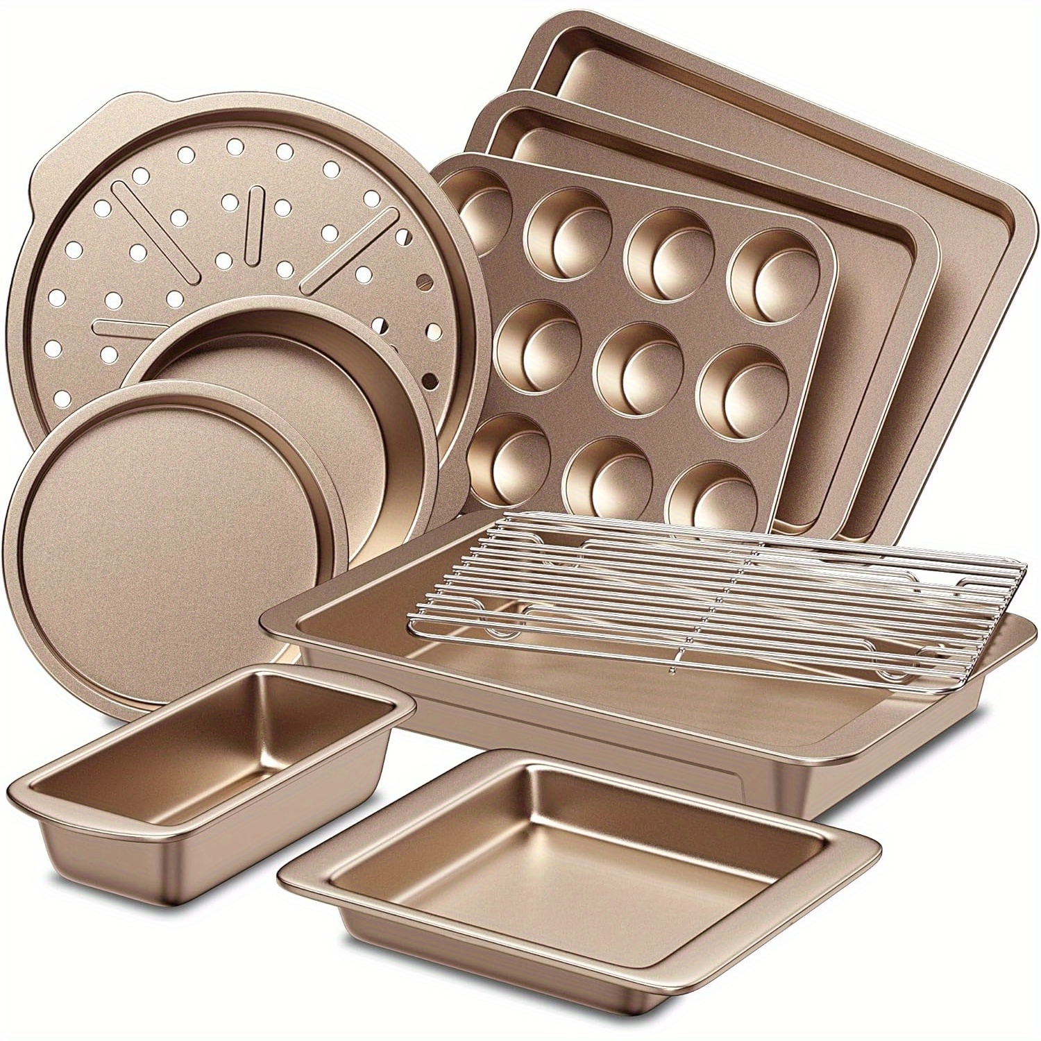 

Hongbake Bakeware Sets, Baking Pans Set, Nonstick Oven Pan For Kitchen With Wider Grips, 10-piece Including Rack, Cookie Sheet, Cake Pans, Loaf Pan, Muffin Pan, Pizza Pan - Champagne Gold