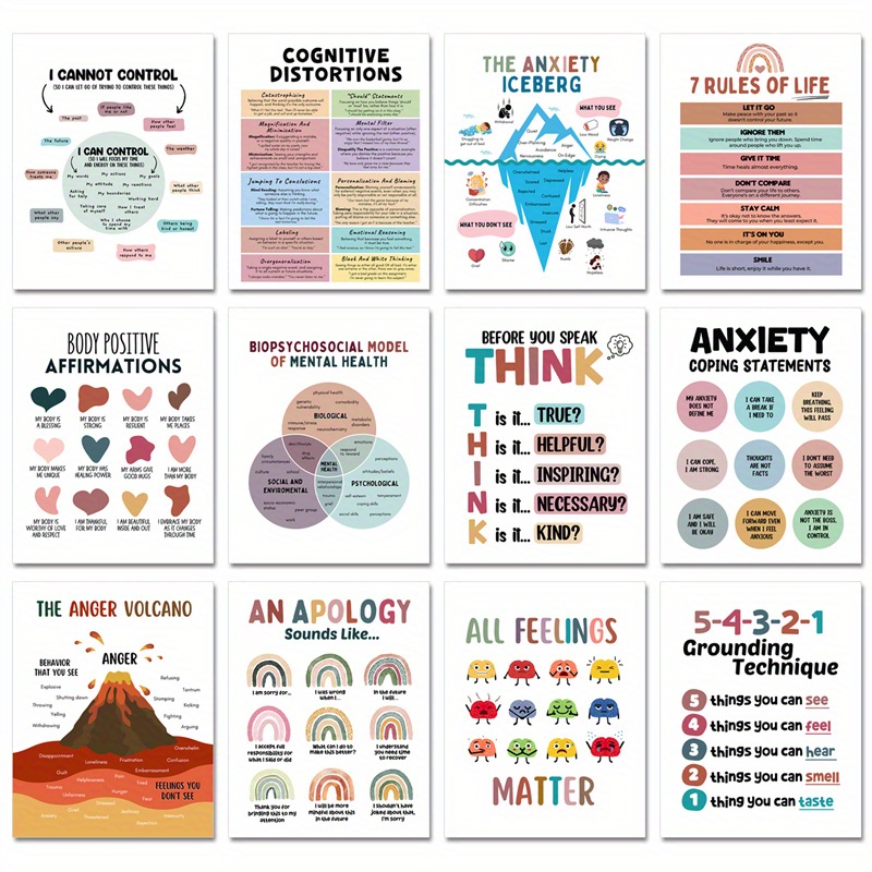 

12pcs Inspirational Mental Health Poster Set - Positive Relax Office Decor, Counseling For Group & Classroom, Room Decor