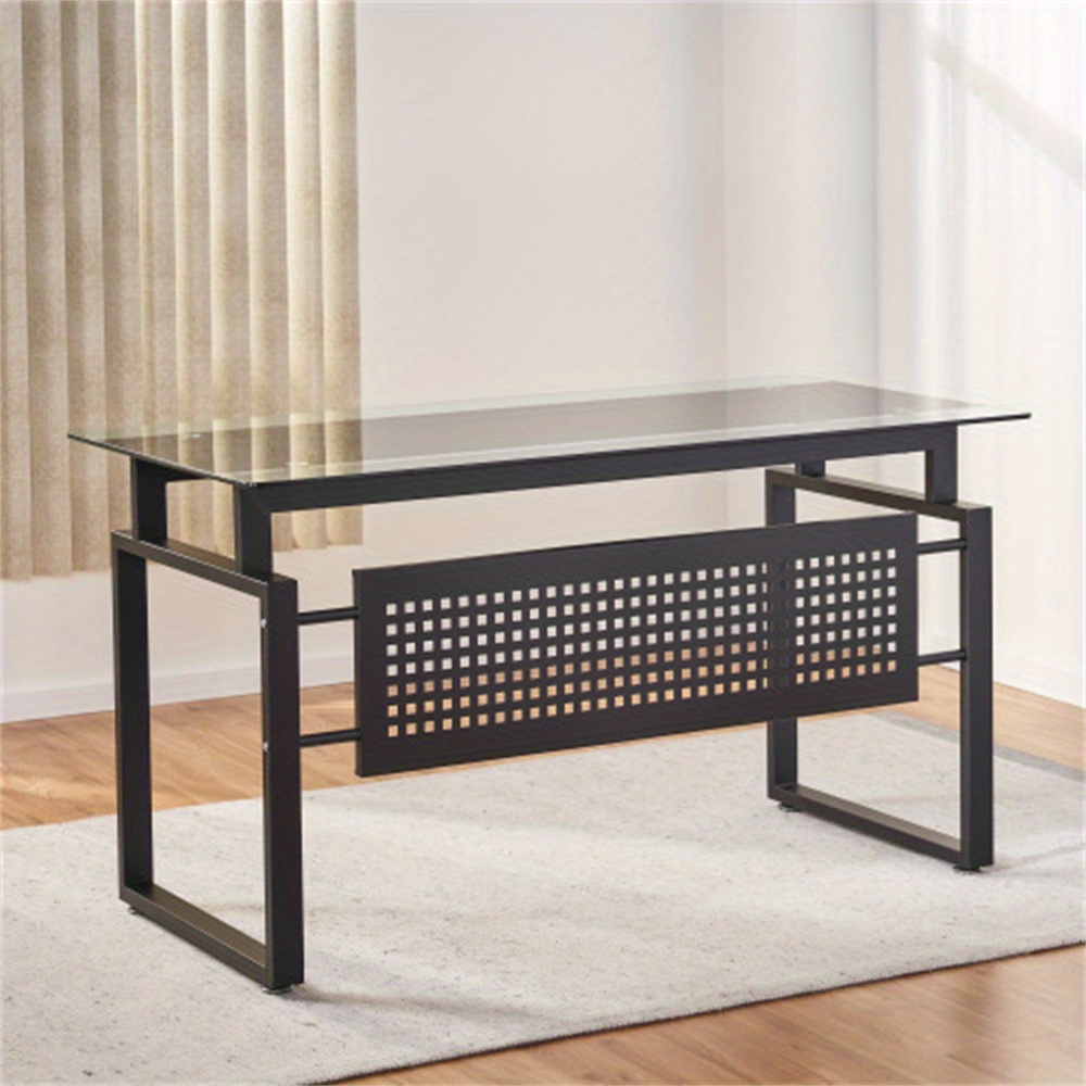 

Modern Office Computer Desk - Black Minimalist Style, Straight Design, Glass Countertop With Metal Frame, Creating Fashionable Indoor Space Accessories