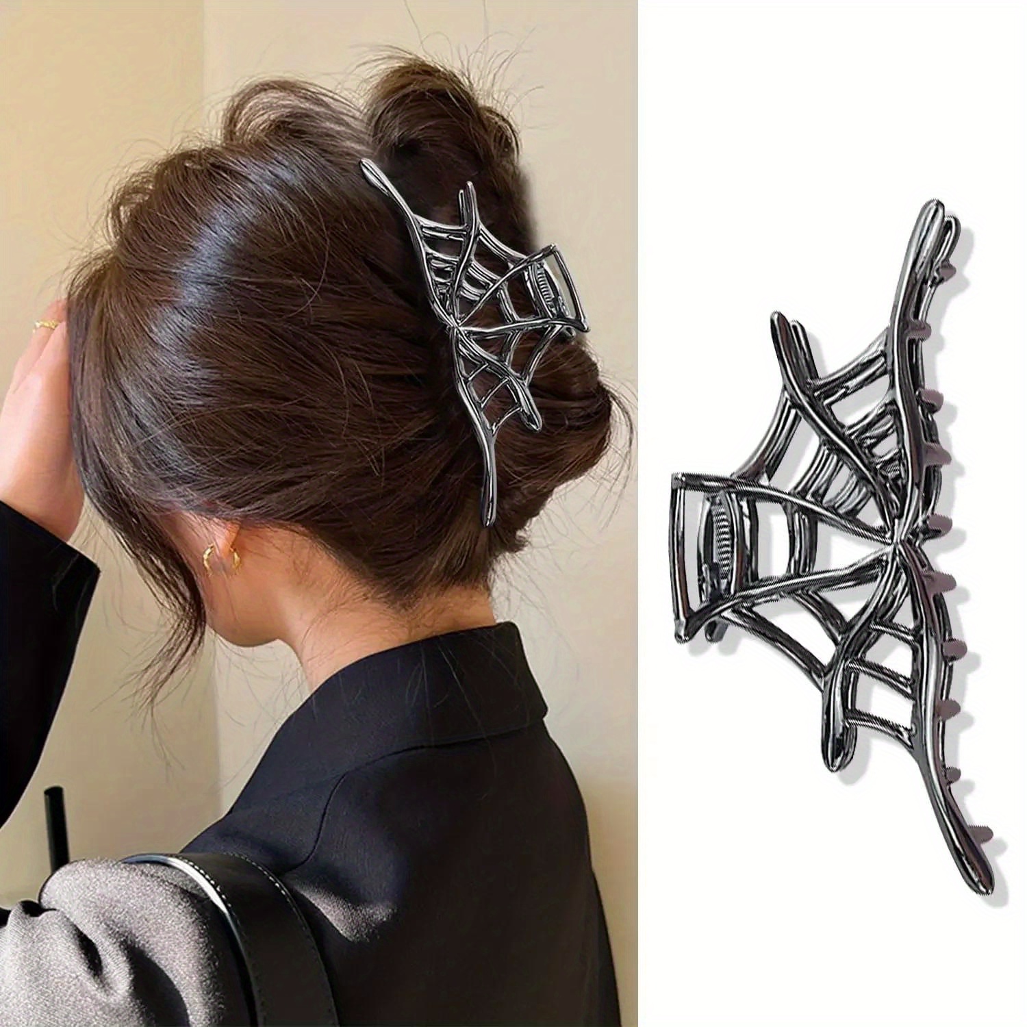 Image of New 2024 Halloween Web Hair Claw Clips For Women Jewelry Additions Black Silvery Golden Large Metal Barrette Party Headwear