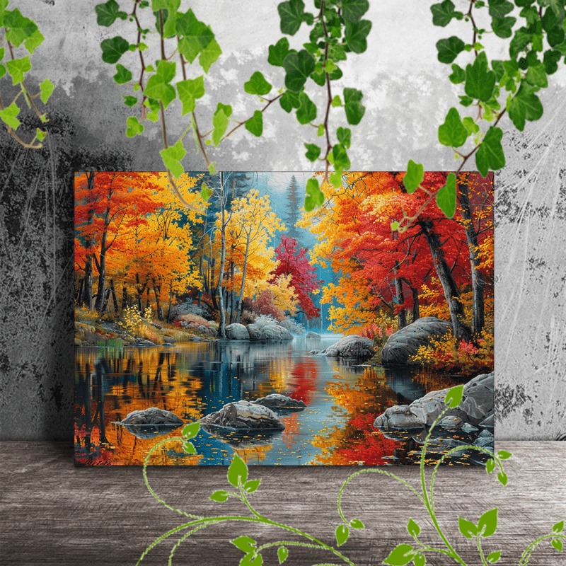 

1pc Wooden Framed Canvas Painting Suitable For Office Corridor Home Living Room Decoration Autumn Forest, Colorful Foliage, , Reflection, Rocks, Tranquil Scene, Vibrant Leaves, Natural Beauty