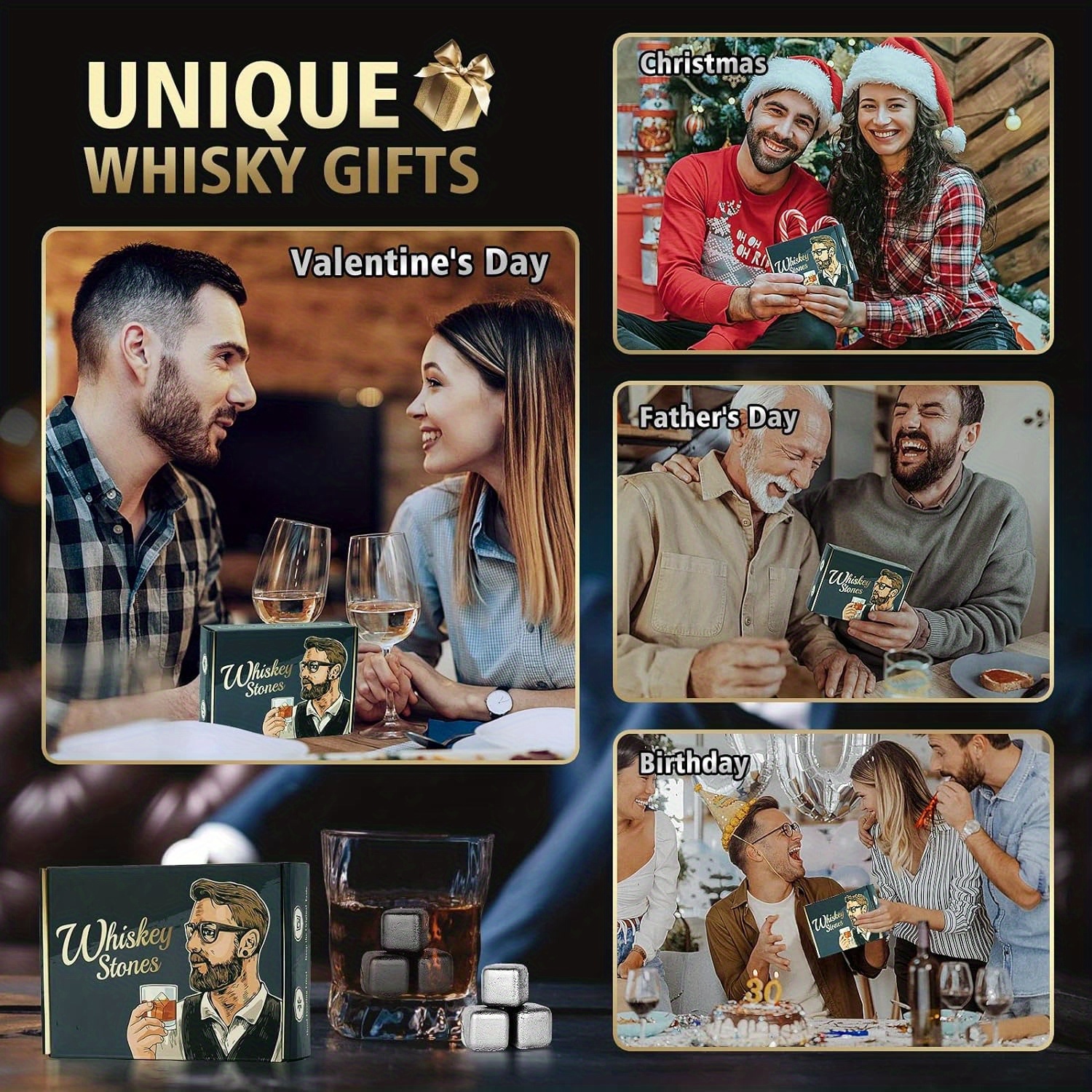 Six Whiskey Stones Set, Valentines Day Gifts for Men Boyfriend Husband Dad,  Reusable for Drinking, Anniversary Birthday Gift Ideas for Him, C