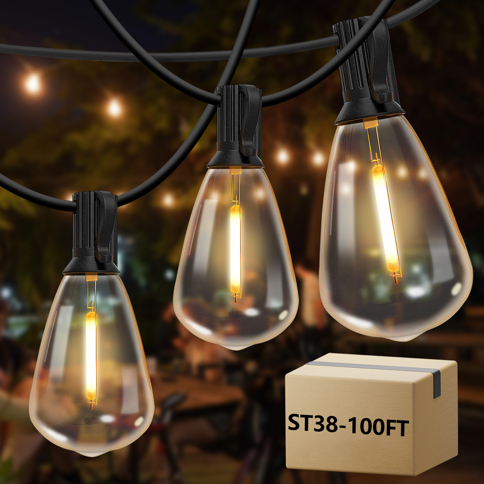 

100ft Vintage-inspired Outdoor String Lights, 2700k Warm Led Glow With 24+1 Shatterproof St38 Bulbs, E12 Socket - Weatherproof & Energy-, Ideal For Patios, Cafes, , Ip44 Waterproof Rated