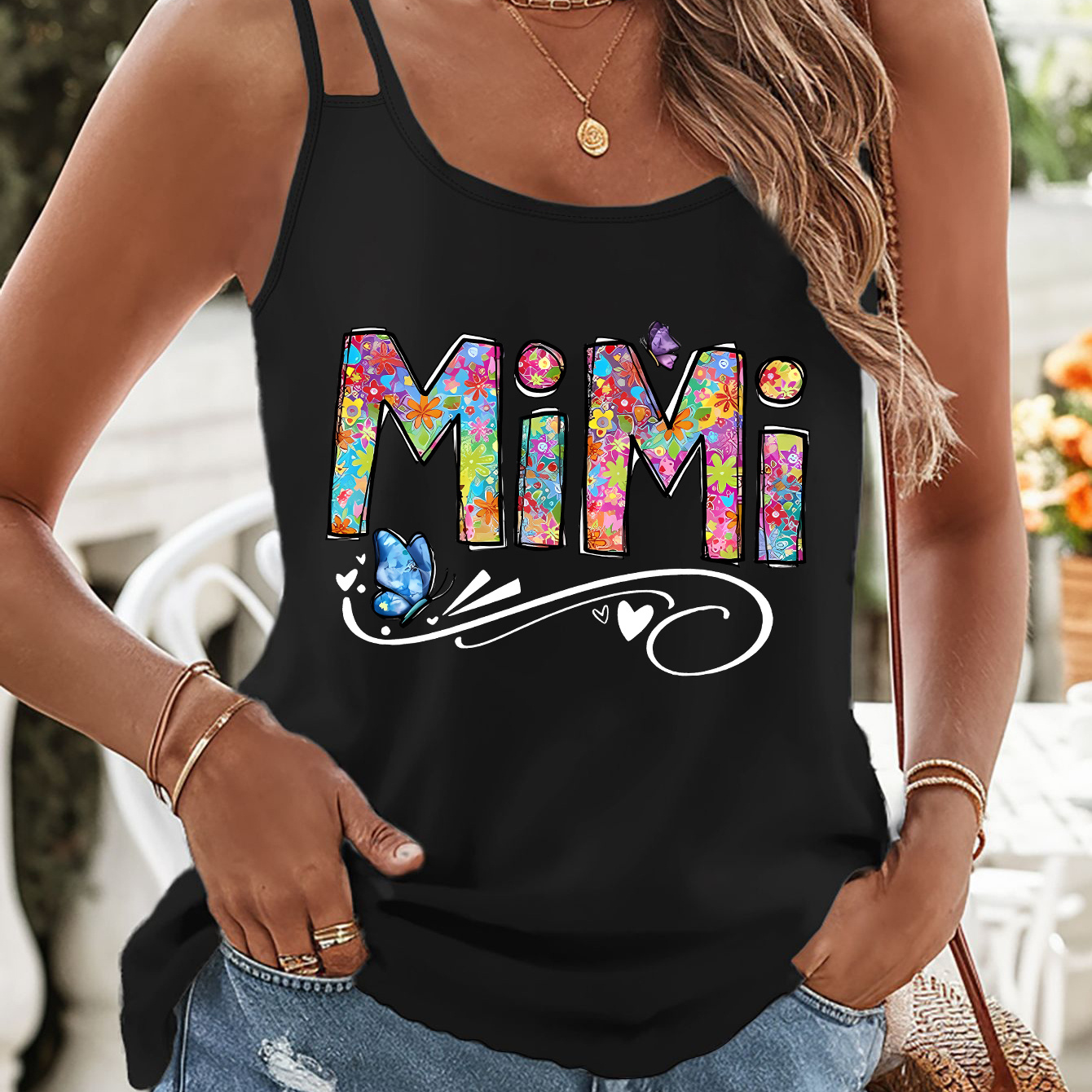 

Mimi Print Double Straps Top, Casual Sleeveless Cami Top For Summer, Women's Clothing