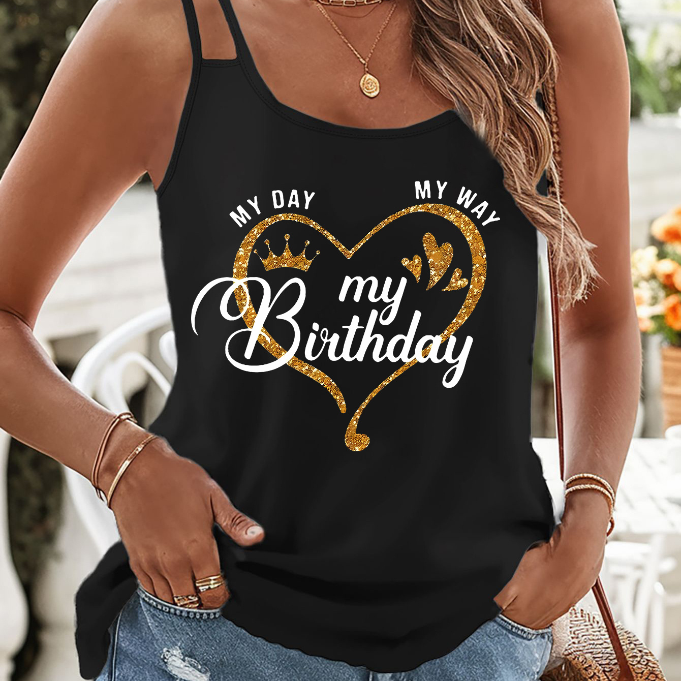 

My Birthday Print Double Straps Top, Casual Sleeveless Cami Top For Summer, Women's Clothing