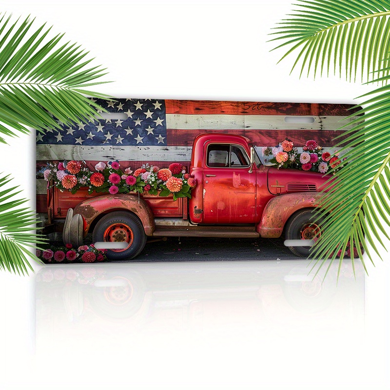 

6x12inch (15.2x30.5cm) Aluminum License Plate Cover: Red Truck With American Flag And Flowers - Uv Lnk Printing, Fadeless Over Time, Waterproof