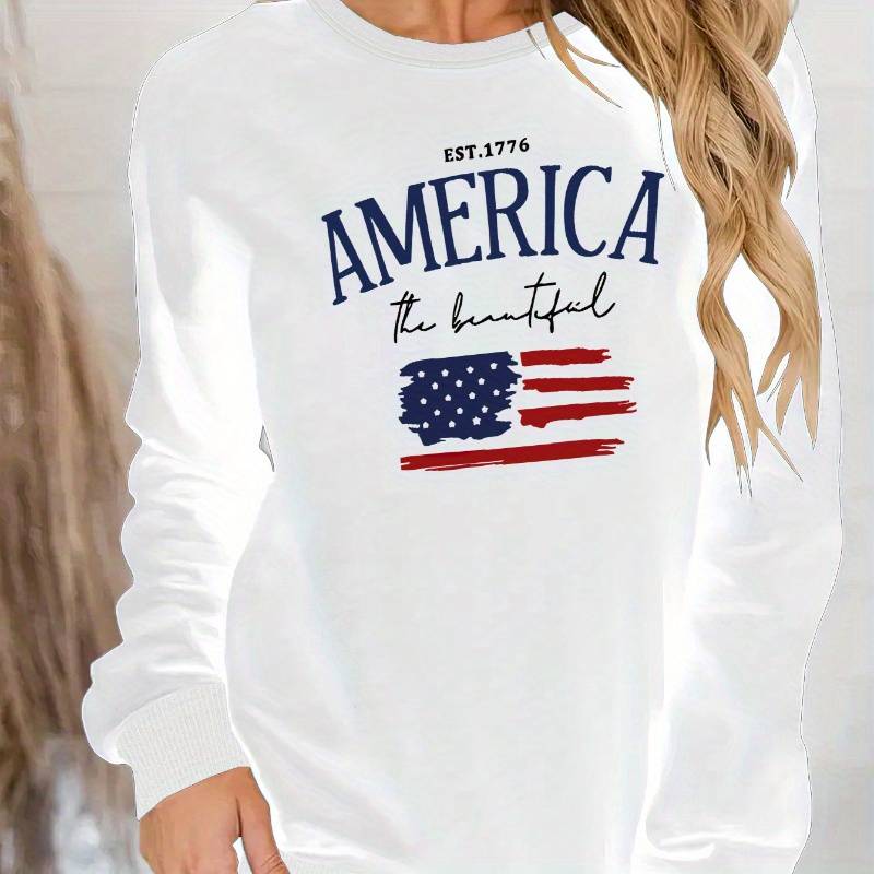 

Women's Long Sleeve Crewneck Sweatshirt, 'america The Beautiful' Usa Flag Print, Casual Fashion Pullover, Fall Winter Sportswear Top, No Hood, Comfort Fit For Independence Day