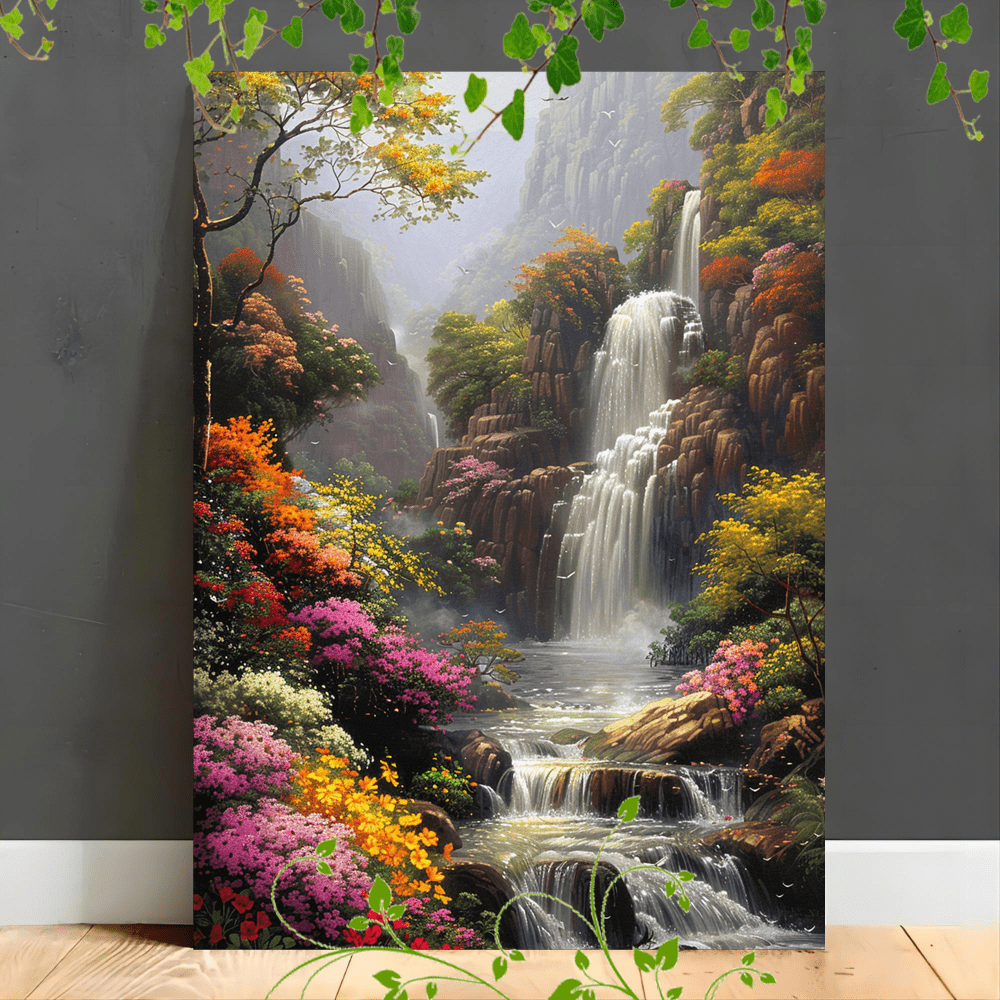 

1pc Wooden Framed Canvas Painting Suitable For Office Corridor Home Living Room Decoration Waterfall, Colorful Flowers, Greenery, Cliffs, Serene Water, Misty Atmosphere, Vibrant Landscape (1)