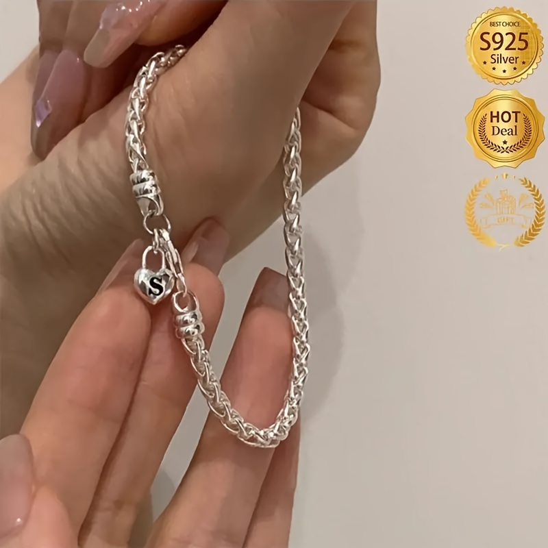 TEMU 1pc Bracelet en Argent Sterling S925 - Hypoallergénique - Bracelet Pendentif Cœur Éternel en Argent Pur - Bijou , Simple et Luxueux, Équipé d'un