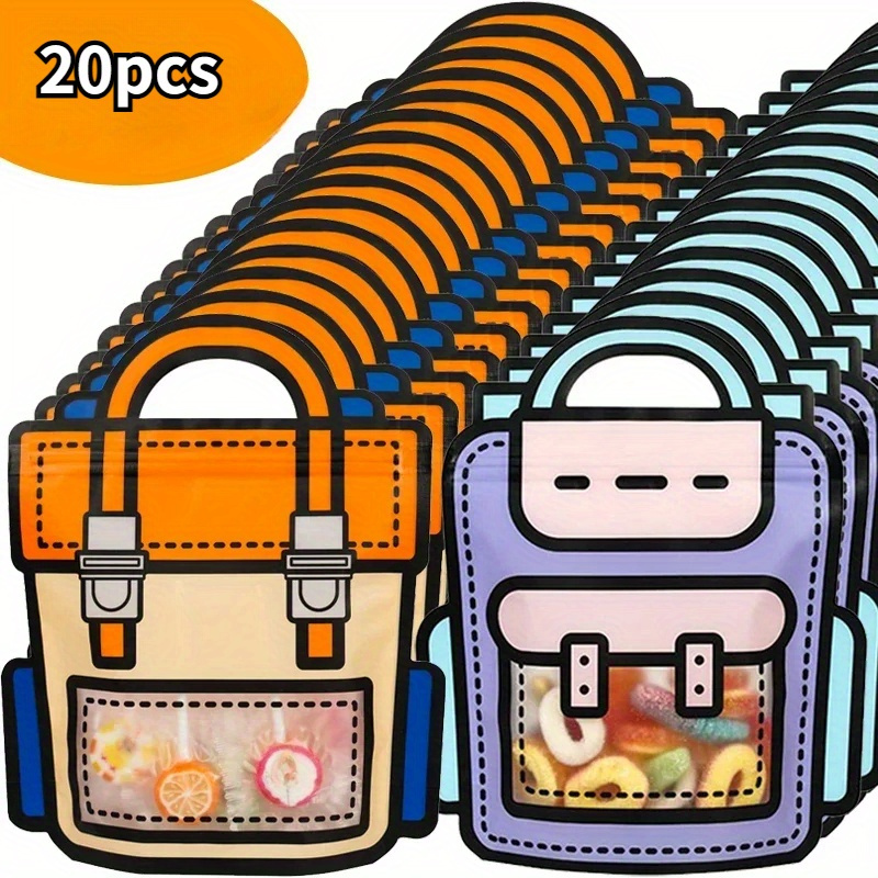 

20-piece Fun Cartoon Backpack Candy & Cookie Bags - Reusable Plastic Tote Bags In Assorted Colors, Ideal For Birthday Party Favors And Kids' Treats