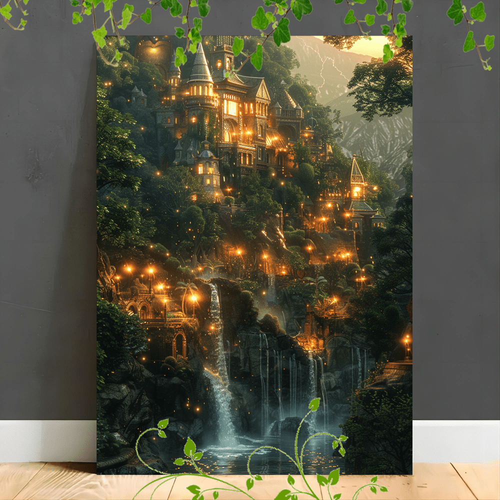 

Waterfall, Sparkling Lights, Fantasy Landscape, Greenery, , Mystical Architecture, Twilight Ambiance (1)