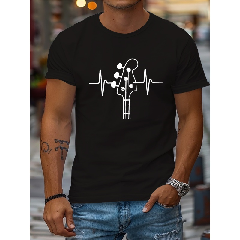 

Bass Guitar Ecg Print Tee Shirt, Tees For Men, Casual Short Sleeve T-shirt For Summer