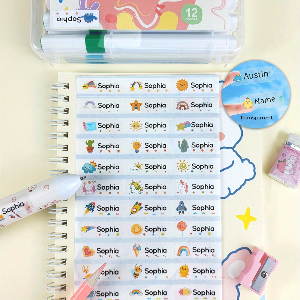 Custom Name Labels for Kids - Waterproof, Personalized Stickers for School Supplies, Water Bottles, Pencils - 60/120/180/240 Pack Mixed Color Transparent Name Tags