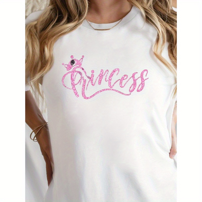 

Princess Print Crew Neck T-shirt, Casual Short Sleeve Top For Spring & Summer, Women's Clothing