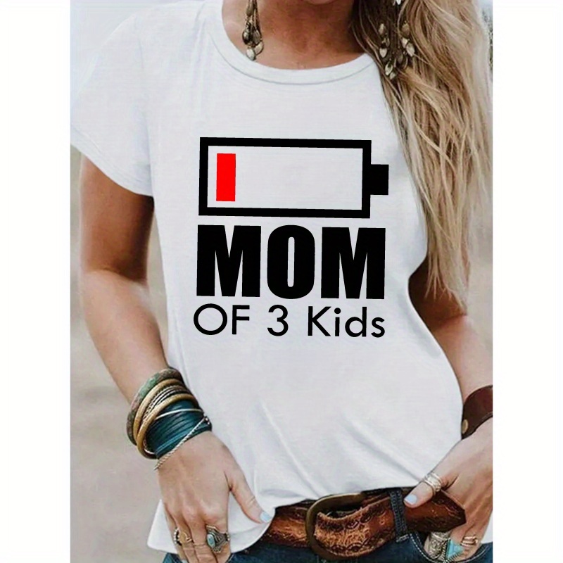 

Mom Of 3 Kids Print T-shirt, Casual Crew Neck Short Sleeve Top For Spring & Summer, Women's Clothing