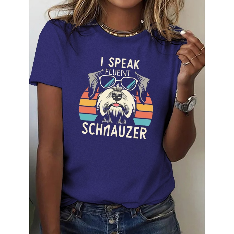 

Sunglasses Schnauzer Print Crew Neck T-shirt, Casual Short Sleeve T-shirt For Spring & Summer, Women's Clothing