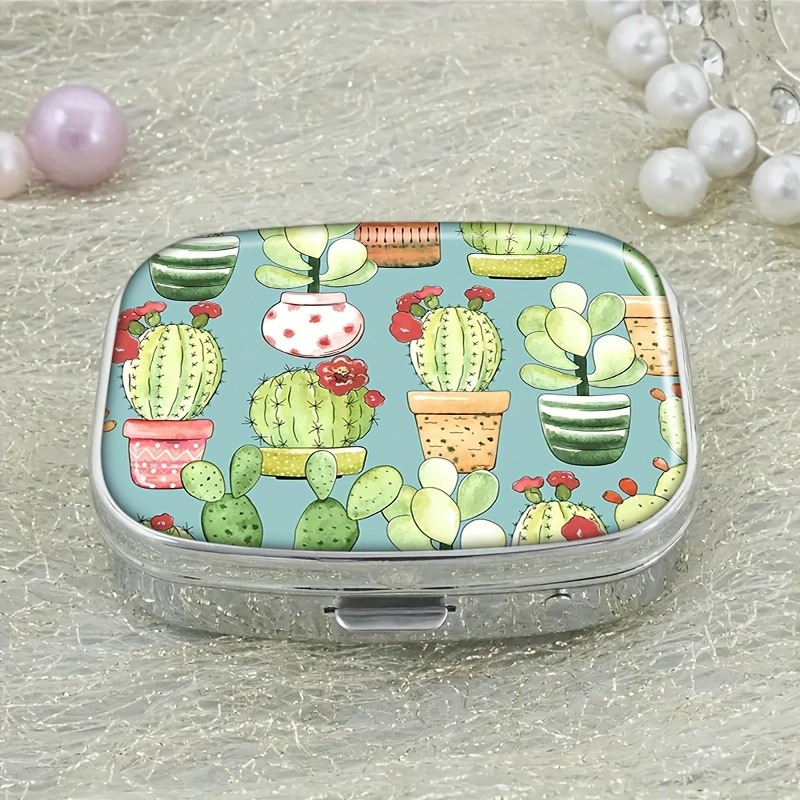 

1pc & Pots Design Turquoise Metal Pill Case - 2-compartment Medicine Organizer, Decorative Rectangle Box For Vitamins, Ideal For Purse & Travel Use, Pill Box