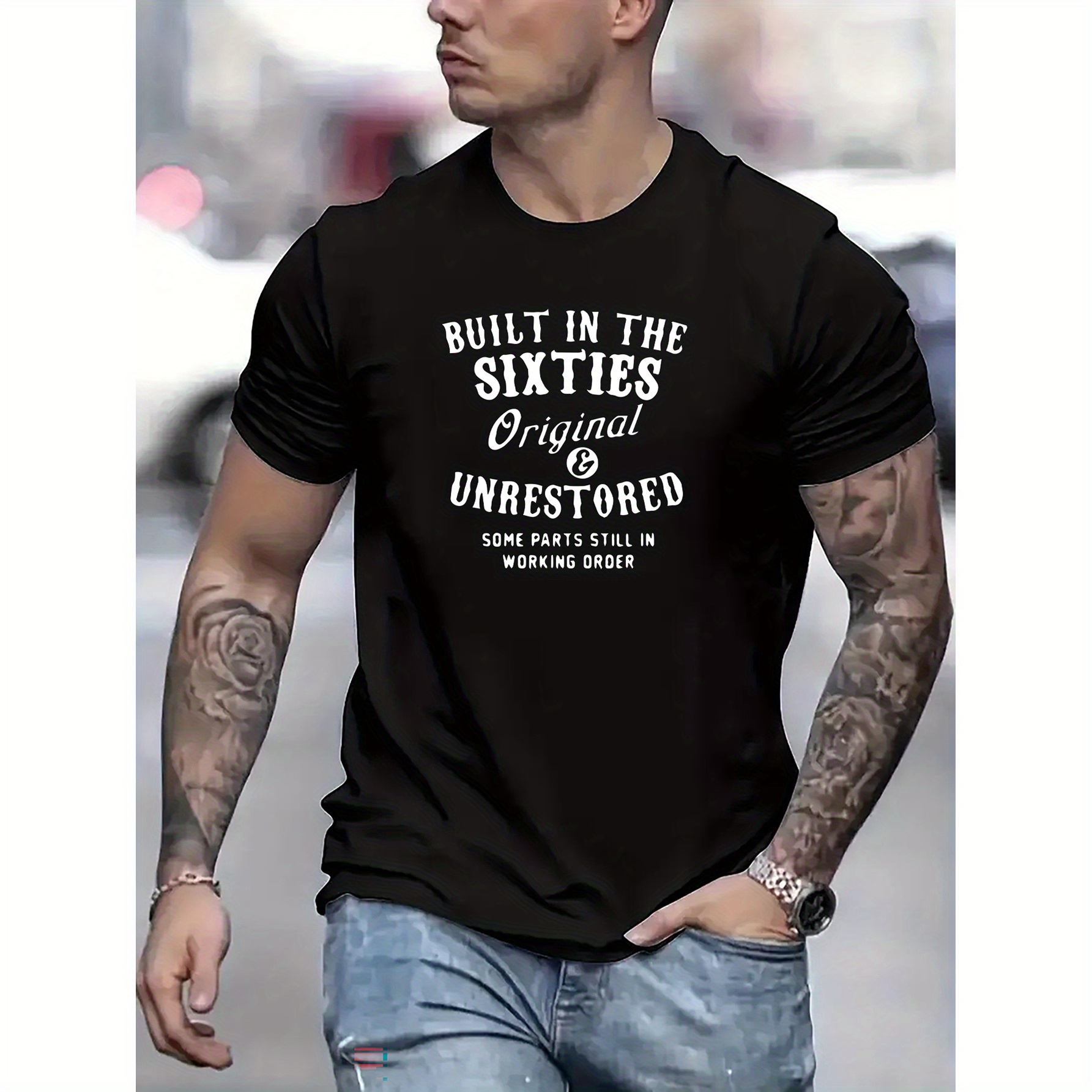 

Built In The Sixties Print, Men's Round Crew Neck Short Sleeve, Simple Style Tee Fashion Regular Fit T-shirt, Casual Comfy Top For Spring Summer Holiday Leisure Vacation Men's Clothing As Gift