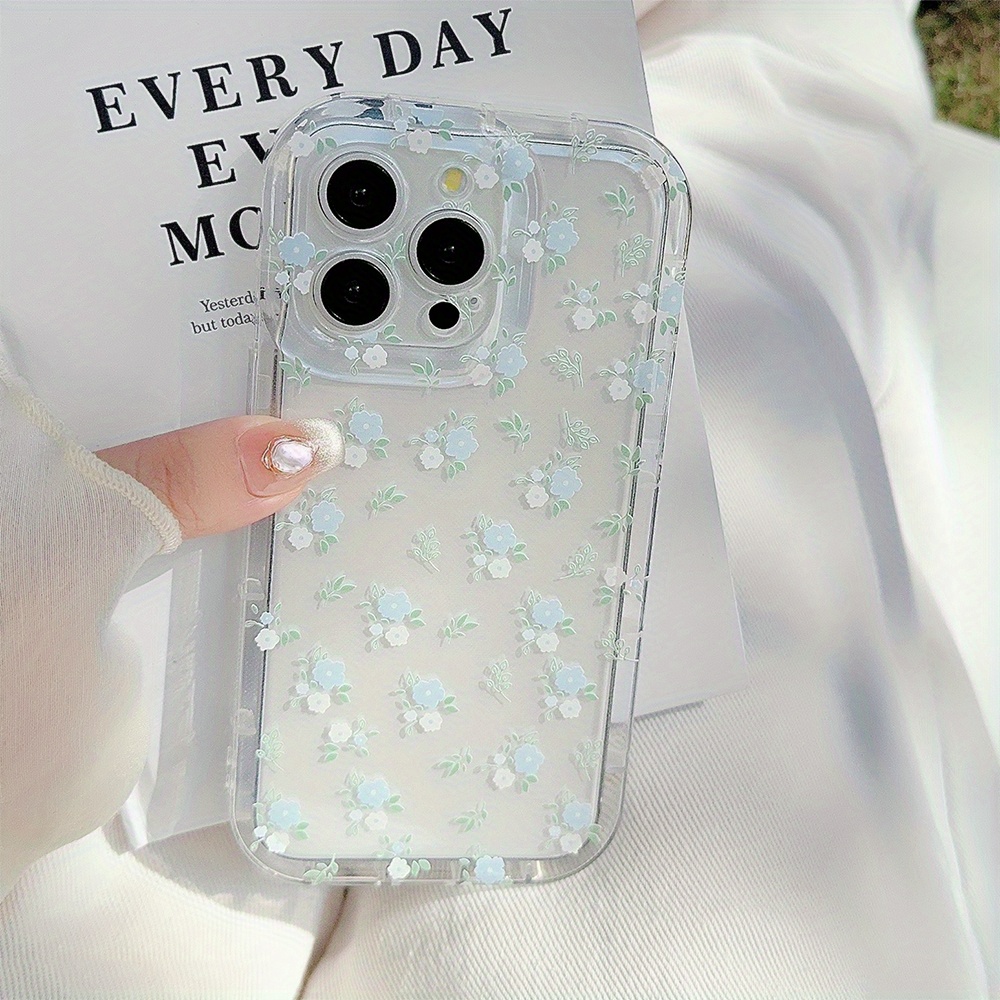 

Floral Pattern Clear Tpu Case For 11/12/13/14/15 Pro/plus/max - Shock-resistant Full Coverage Protective Cover With Delicate Blue Flower Design