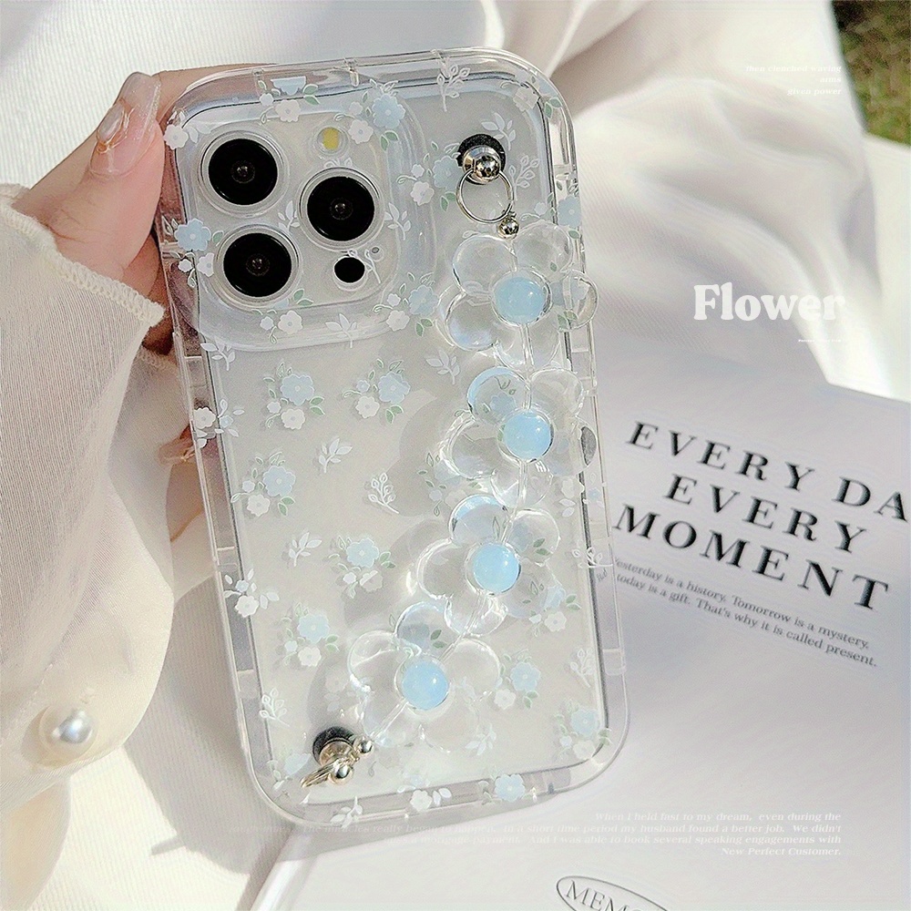

Floral Transparent Tpu Phone Case With Blue Bead Bracelet Design For 11/12/13/14/15 Pro/plus/max - Shockproof Full Protection Cover With Creative Simple Style