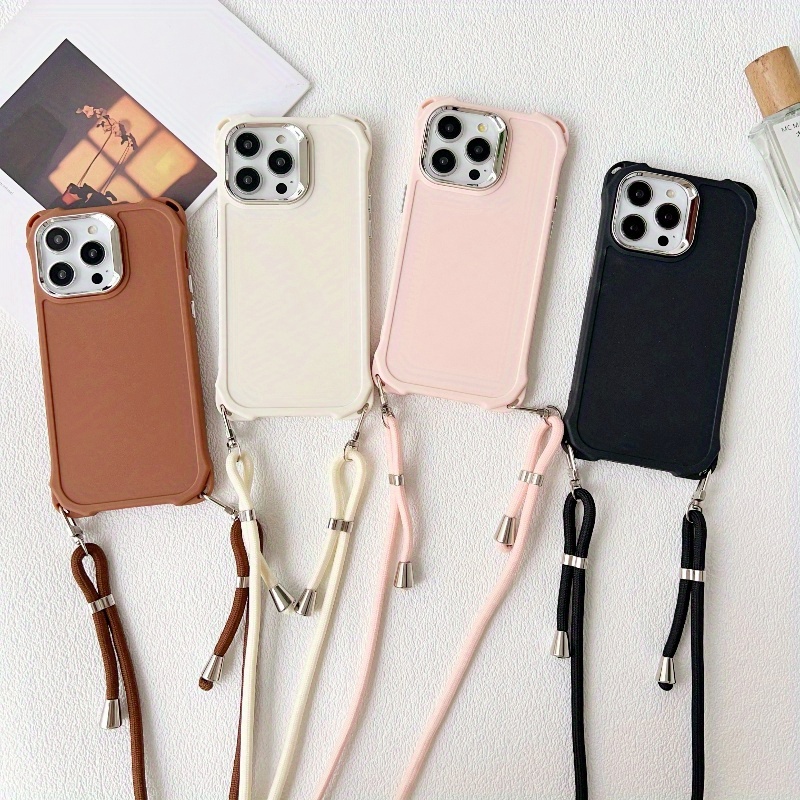 

4 Color Metallic Phone Case With Long Strap For Iphone 15, 14, 13, 12, 11 Pro Max - Tpu Material