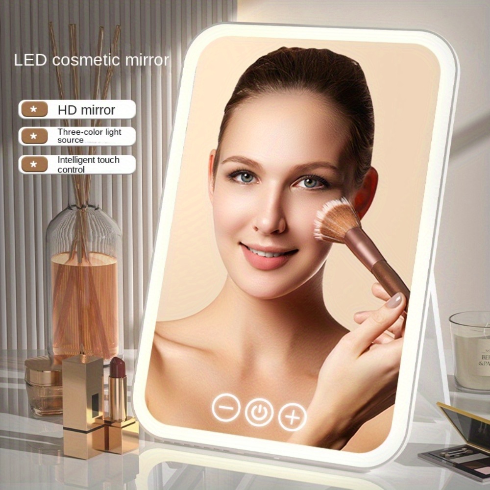 

Led Cosmetic Mirror With Touch Sensor, 9.2 X 6.4 Inches, Portable Desktop Makeup Mirror, Foldable, Rechargeable, With Three-color Light Source And Stepless Dimming Function