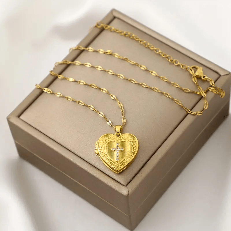womens titanium steel cross photo locket necklace photo